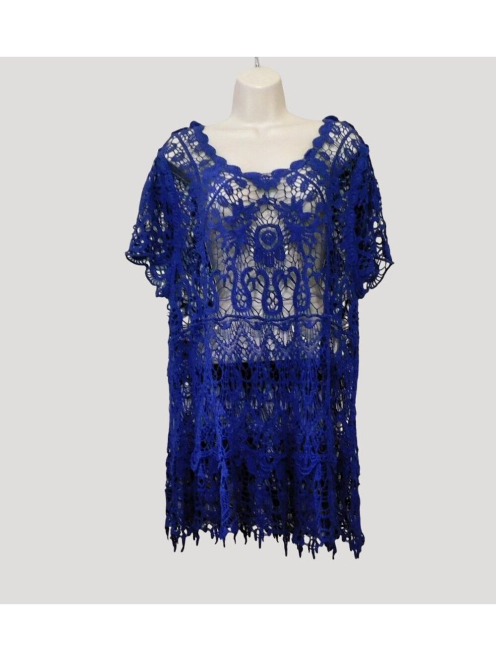 Crochet Lace Tunic Top Womens XL Royal Blue Short Sleeves Boho Style